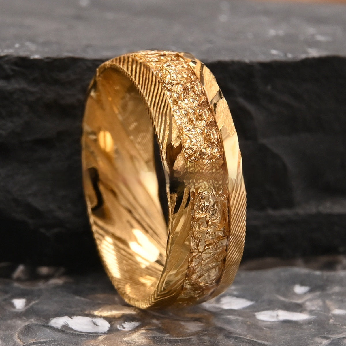 Damascus Steel Ring for Men - Gold Foil Inlay Minimalist Band (Sizes 7-13)
