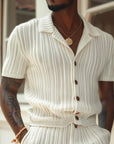Vertical Stripe Suit Set – Slim Lapel Shirt & Shorts for Effortless Summer Style