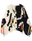 Women’s Handmade Knitted Tassel Cardigan – Black & White Crochet Color-Block Top