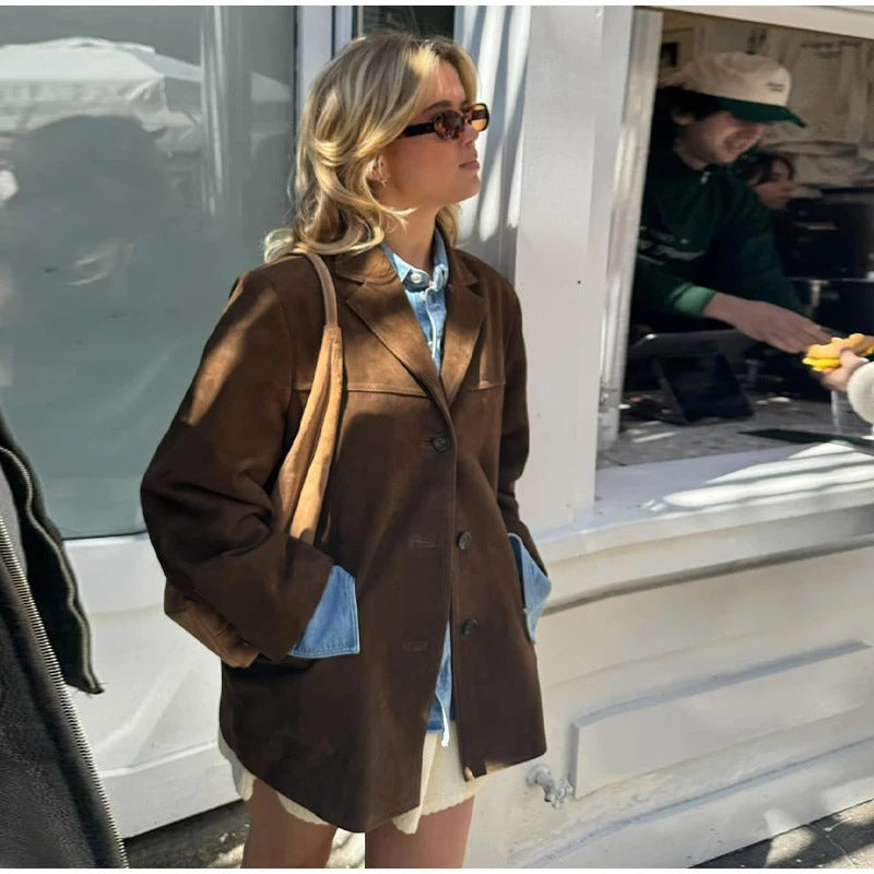 🧥 Women's Artistic Retro Brown Lapel Jacket – Collage-Stitched Polyester with Pockets (S/M/L)