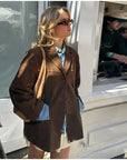 🧥 Women's Artistic Retro Brown Lapel Jacket – Collage-Stitched Polyester with Pockets (S/M/L)