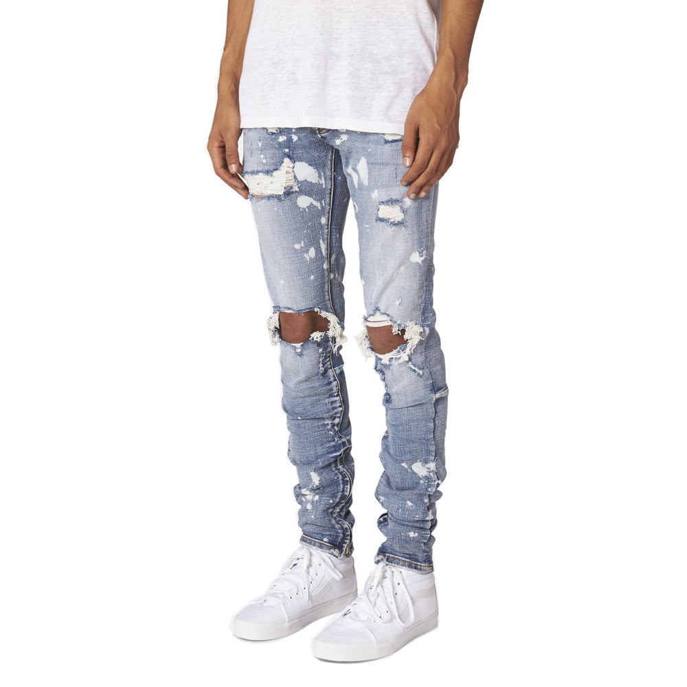 Jean skinny déchiré pour homme – Pantalon en denim de coton vieilli (blanc neige/bleu clair/noir) – Taille mi-haute, coupe slim pour jeunes (tailles 29-38)