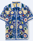 Ethnic Crochet Knit Shirt – Blue Colorblock Short Sleeve Top (M-3XL)