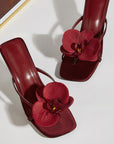 Women’s Wine Red Meiko Flower Square-Toe High Heel Sandals