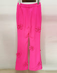 Flower Micro Pants for Women – High-Waisted Long Pants with Floral Decor – White & Pink Polyester Blend