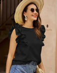 🌹 Women’s Elegant Ruffle Sleeve Pleated Blouse – Sleeveless Round Neck Top