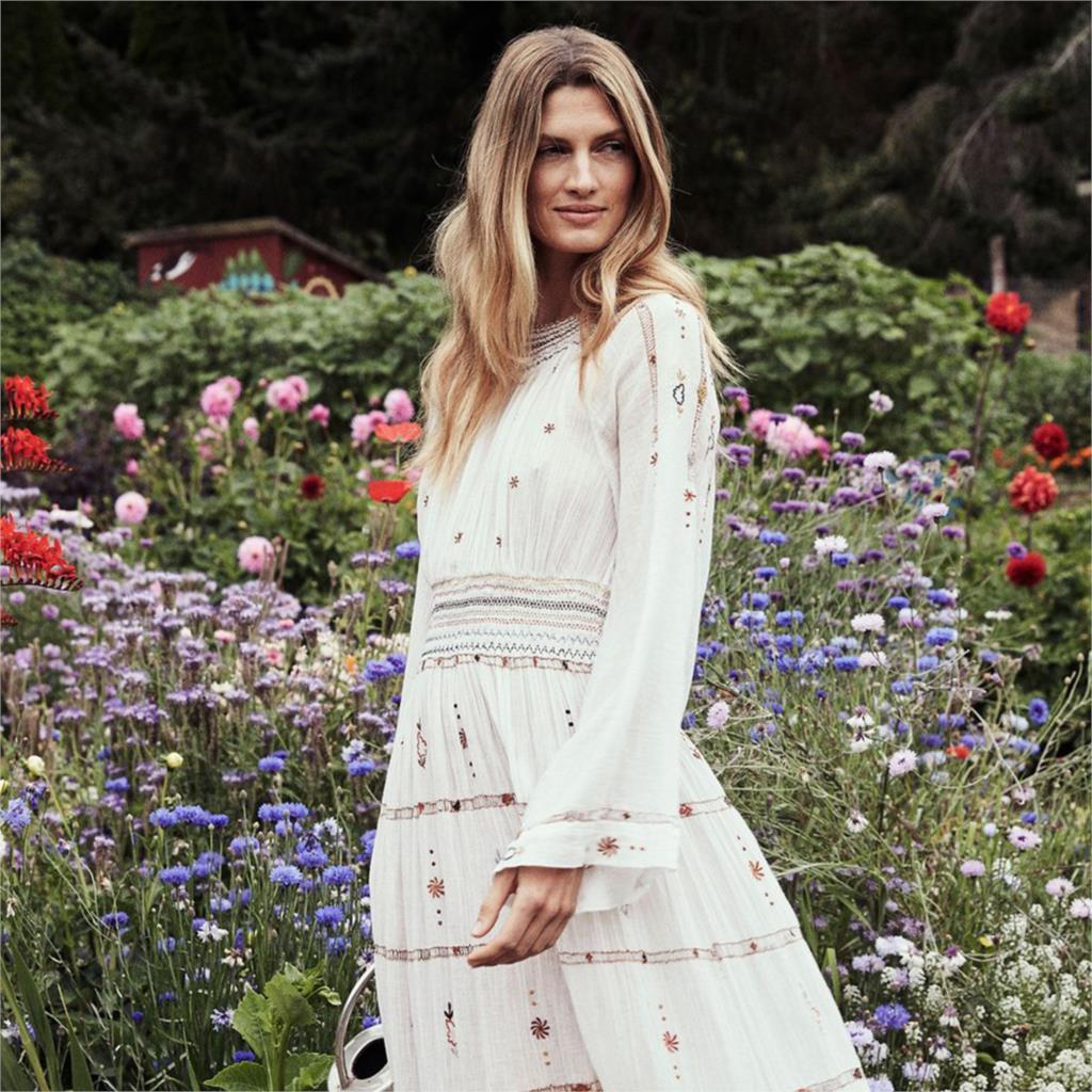 Jupe longue brodée style bohème pour femme – Style hipster européen et américain (blanc) – Jupe longue en coton à taille élastique (S-XL)