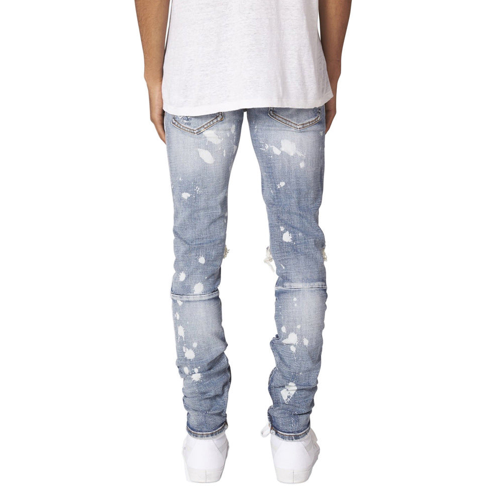 Jean skinny déchiré pour homme – Pantalon en denim de coton vieilli (blanc neige/bleu clair/noir) – Taille mi-haute, coupe slim pour jeunes (tailles 29-38)
