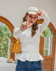 Women's Ruffle Detail Knit T-Shirt - Solid Color Long Sleeve Casual Top (Polyester Blend) - Urban Leisure Style