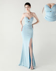 Women Sexy Corset Evening Dress for Formal Occasions & Party – Strapless Satin Beaded Lace Slim Fit Maxi Gown