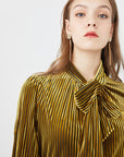 Women's Striped Stretch Velvet Top – Lace-Knit Sleeves – Sultry & Comfortable