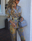Women's Printed Lace Two-Piece Suit - Long Sleeve Blazer & Pants Set (Polyester-Spandex Blend) - Elegant Office & Evening Wear