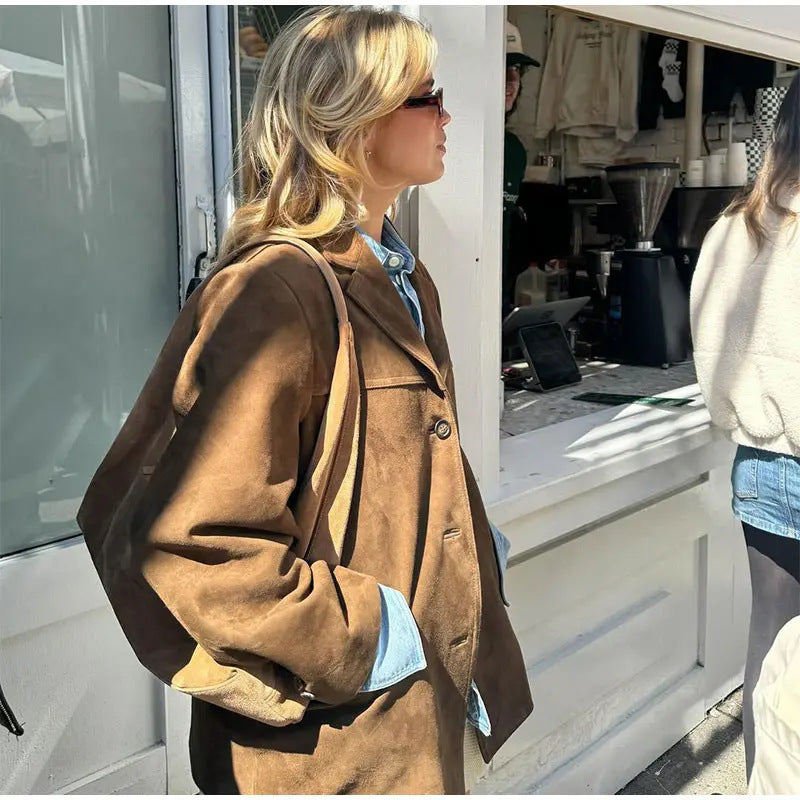 🧥 Women's Artistic Retro Brown Lapel Jacket – Collage-Stitched Polyester with Pockets (S/M/L)