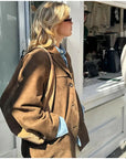 🧥 Women's Artistic Retro Brown Lapel Jacket – Collage-Stitched Polyester with Pockets (S/M/L)