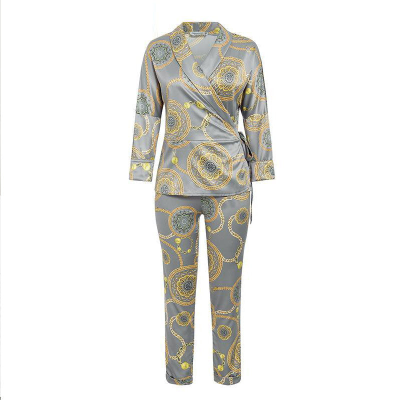Bedruckter zweiteiliger Spitzenanzug für Damen – Set aus langärmligem Blazer und Hose (Polyester-Spandex-Mischung) – Elegante Büro- und Abendgarderobe