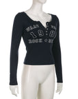 Women’s Slim Fit Long Sleeve T-Shirt - Number Print Knitted Polyester Top (Dark Blue/Black/Brown) Layering Essential