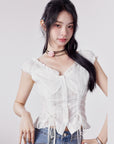 Women's Off-Shoulder Plaid Shirt - Two-Way Drawstring Waist Tie Top (100% Cotton, Blue/White/Red Retro, S-XL)
