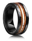 Men's Electric Black & Rose Red Tungsten Ring – Inlaid Bourbon Barrel Wood & Antler – 8mm Bold Statement Band