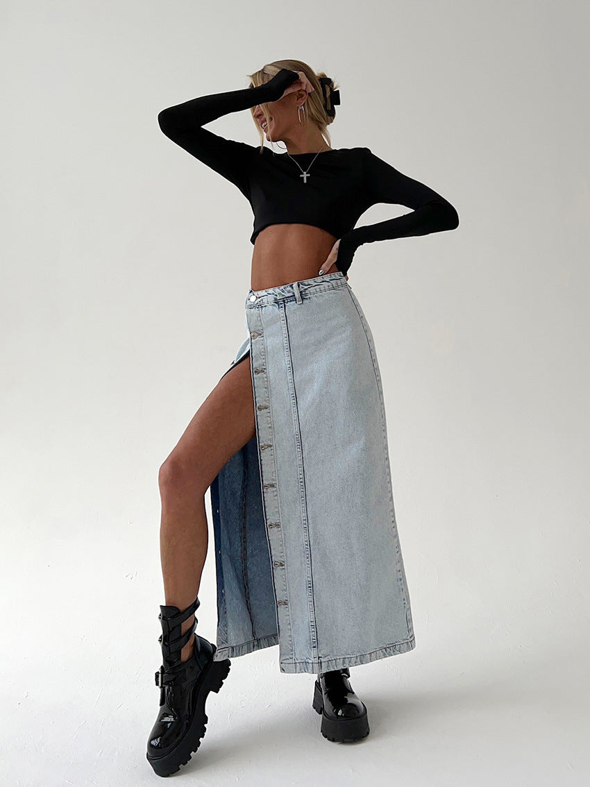 Damen-Maxirock im Used-Look aus Denim – dehnbarer, verwaschener A-Linien-Langrock (Spandex-Mischung, SL) für Büro und Freizeit