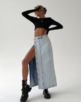 Women's Distressed Denim Maxi Skirt - Stretchy Washed A-Line Long Skirt (Spandex Blend, S-L) for Office & Casual Wear