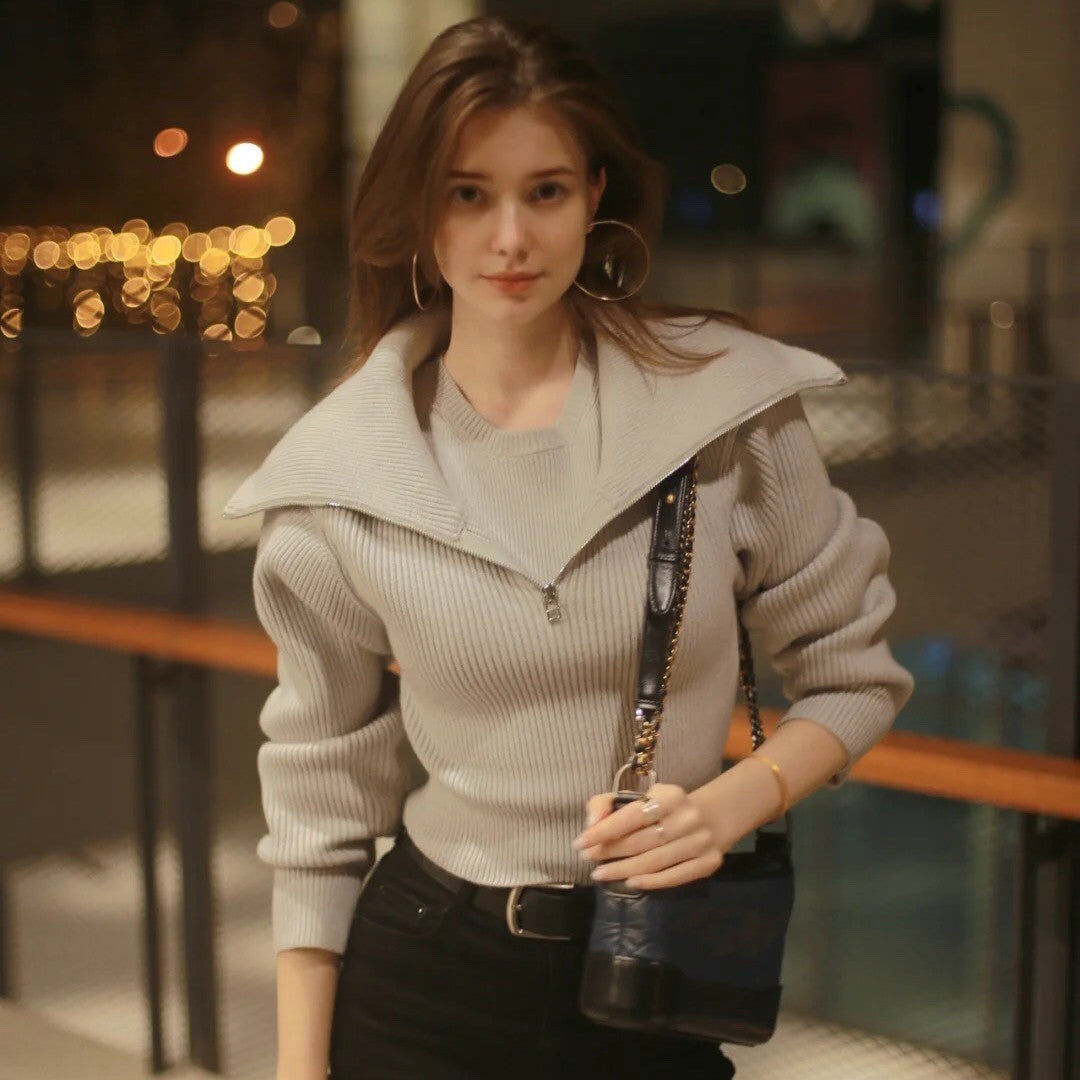 Women’s Large-Collar Lapel Short Knit Sweater – Slim-Fit Soft Texture Chic Style
