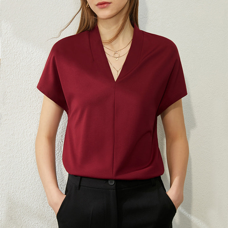💫 Women's V-Neck Fluid Silk Shirt – Slim Loose Fit Top (Viscose Blend) – 3D Textured Commuter Essential
