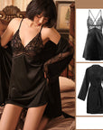 Women’s Sexy Ice Silk Lace Pajama Set – Thin Sling Nightgown with Chest Pad (3-Piece Set)