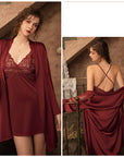 Women’s Sexy Ice Silk Lace Pajama Set – Thin Sling Nightgown with Chest Pad (3-Piece Set)