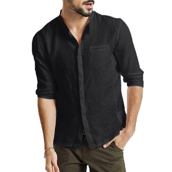 Solid Color Men's Stand-collar Linen Sleeve Shirt