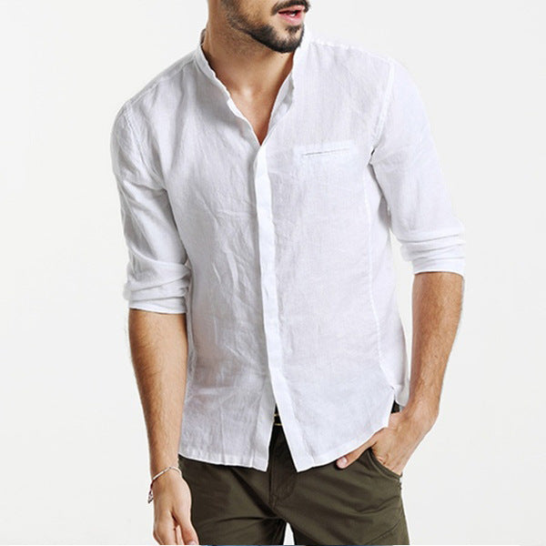 Solid Color Men's Stand-collar Linen Sleeve Shirt