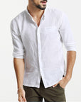 Solid Color Men's Stand-collar Linen Sleeve Shirt