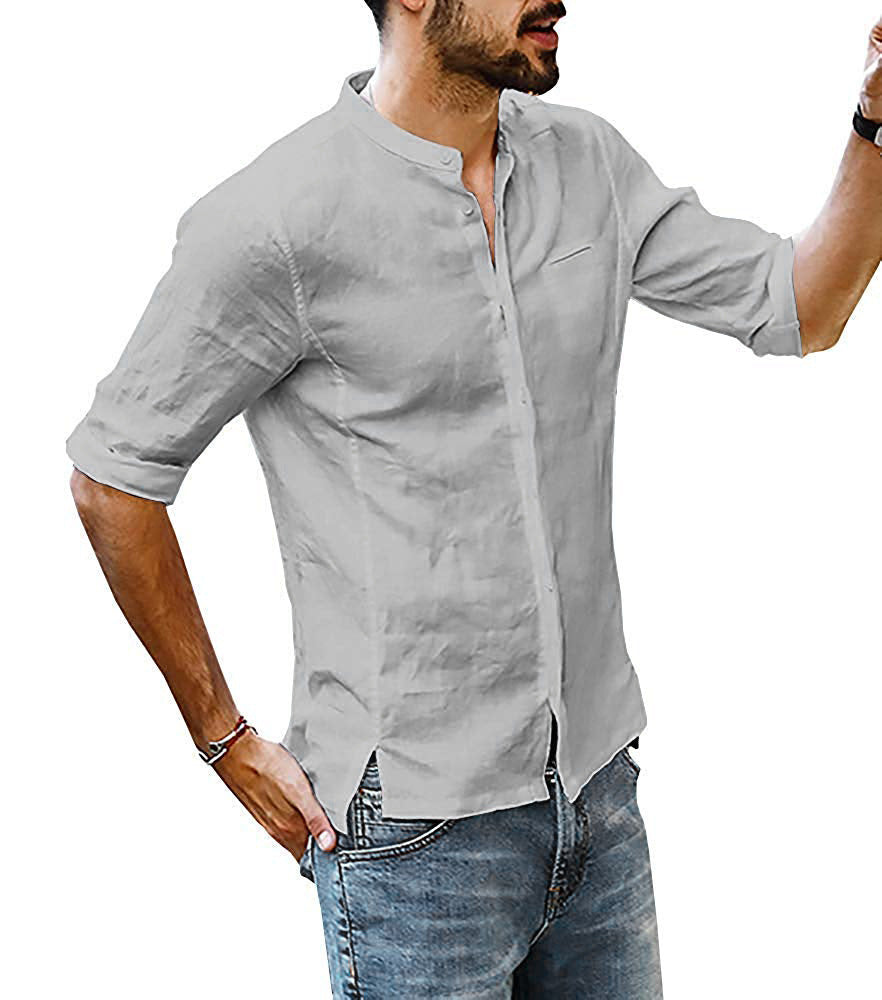 Solid Color Men's Stand-collar Linen Sleeve Shirt