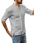Solid Color Men's Stand-collar Linen Sleeve Shirt