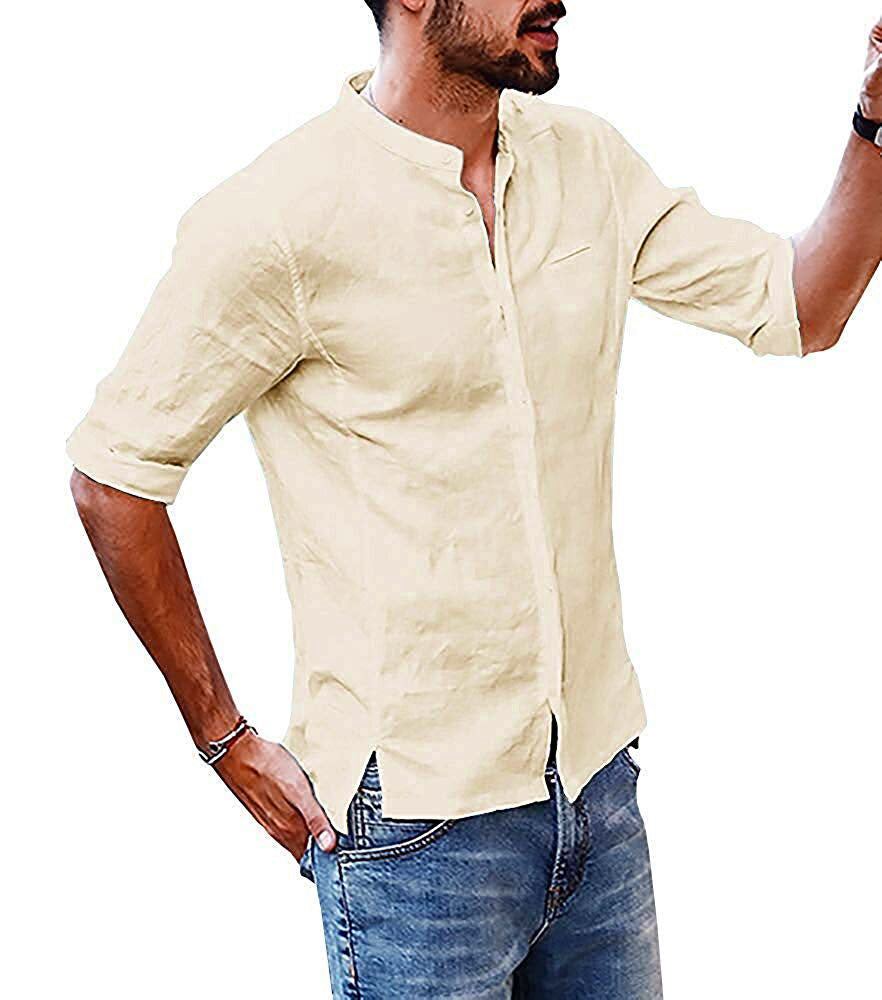 Solid Color Men's Stand-collar Linen Sleeve Shirt
