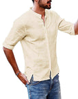 Solid Color Men's Stand-collar Linen Sleeve Shirt