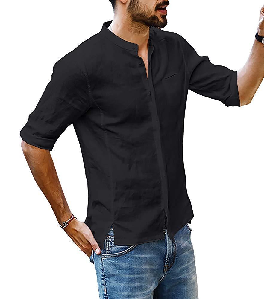 Solid Color Men's Stand-collar Linen Sleeve Shirt