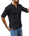Solid Color Men's Stand-collar Linen Sleeve Shirt