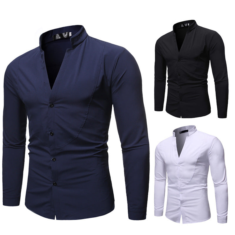 Solid Color Stand-up Collar British Style Long-sleeved Shirt
