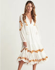 Women’s V-Neck Embroidered Loose Dress – Cotton British Style Mid-Length Skirt