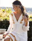 Women’s V-Neck Embroidered Loose Dress – Cotton British Style Mid-Length Skirt