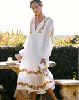Women’s V-Neck Embroidered Loose Dress – Cotton British Style Mid-Length Skirt