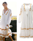 Women’s V-Neck Embroidered Loose Dress – Cotton British Style Mid-Length Skirt