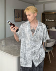 🔥 Men's Leaf Design Silk Flower Shirt – Korean Style Short Sleeve Top (White/Black) – Youthful Summer Fashion