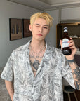 🔥 Men's Leaf Design Silk Flower Shirt – Korean Style Short Sleeve Top (White/Black) – Youthful Summer Fashion