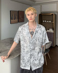 🔥 Men's Leaf Design Silk Flower Shirt – Korean Style Short Sleeve Top (White/Black) – Youthful Summer Fashion