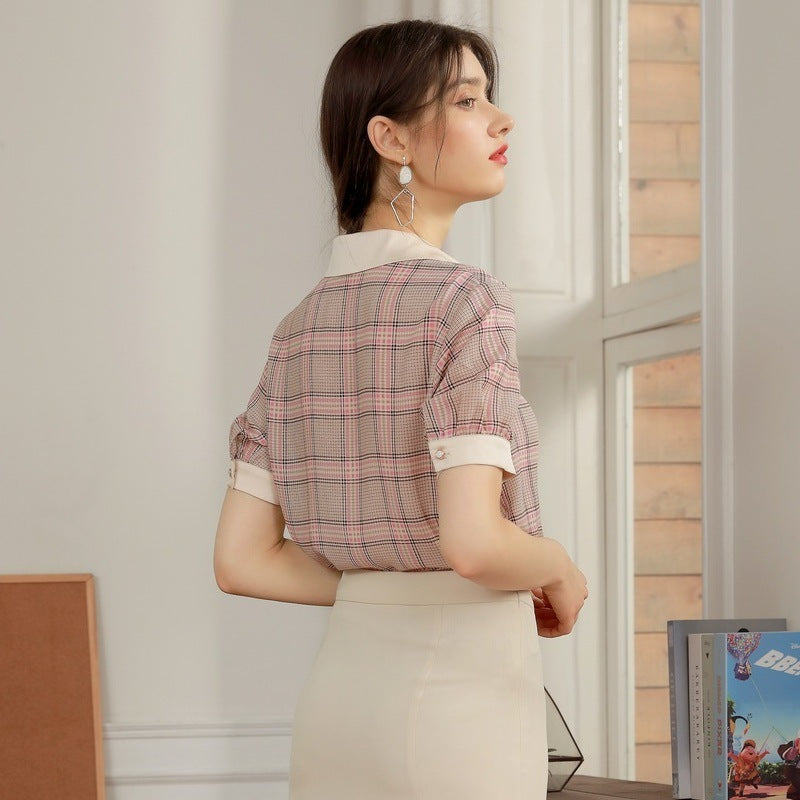 🌸 Elegantes Chiffon-Karohemd für Damen – Zartrosa Gitter-OL-Pendlerbluse (S-XL)