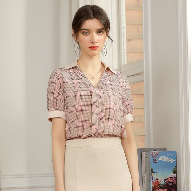 🌸 Elegantes Chiffon-Karohemd für Damen – Zartrosa Gitter-OL-Pendlerbluse (S-XL)