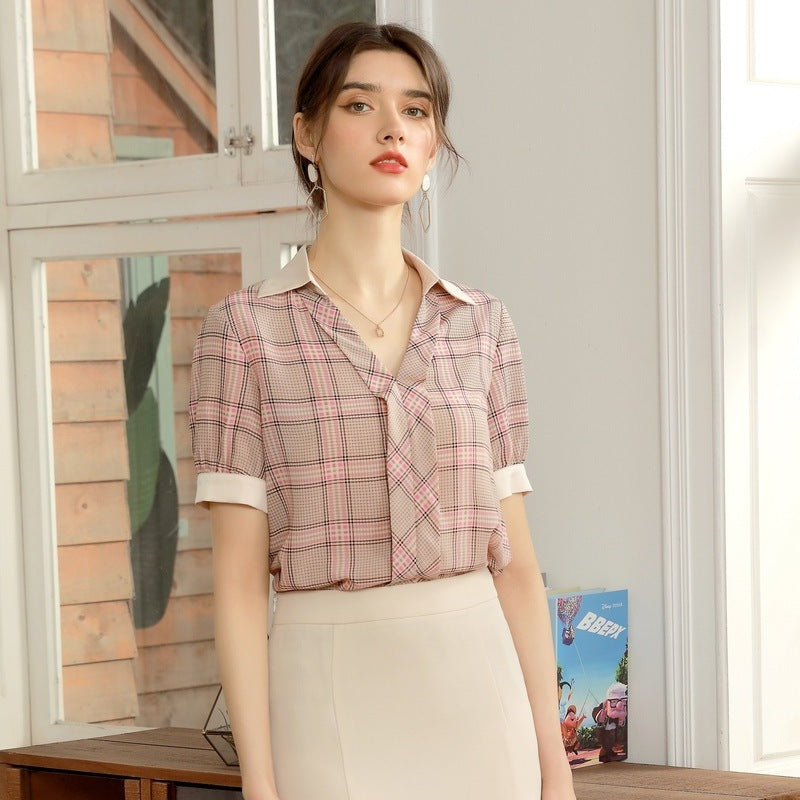 🌸 Elegantes Chiffon-Karohemd für Damen – Zartrosa Gitter-OL-Pendlerbluse (S-XL)