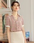 šø Women's Elegant Chiffon Plaid Shirt - Soft Pink Grid OL Commuting Blouse (S-XL)