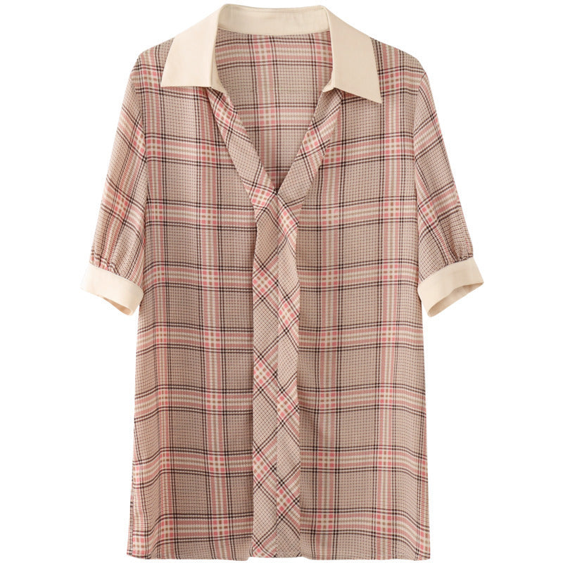🌸 Elegantes Chiffon-Karohemd für Damen – Zartrosa Gitter-OL-Pendlerbluse (S-XL)